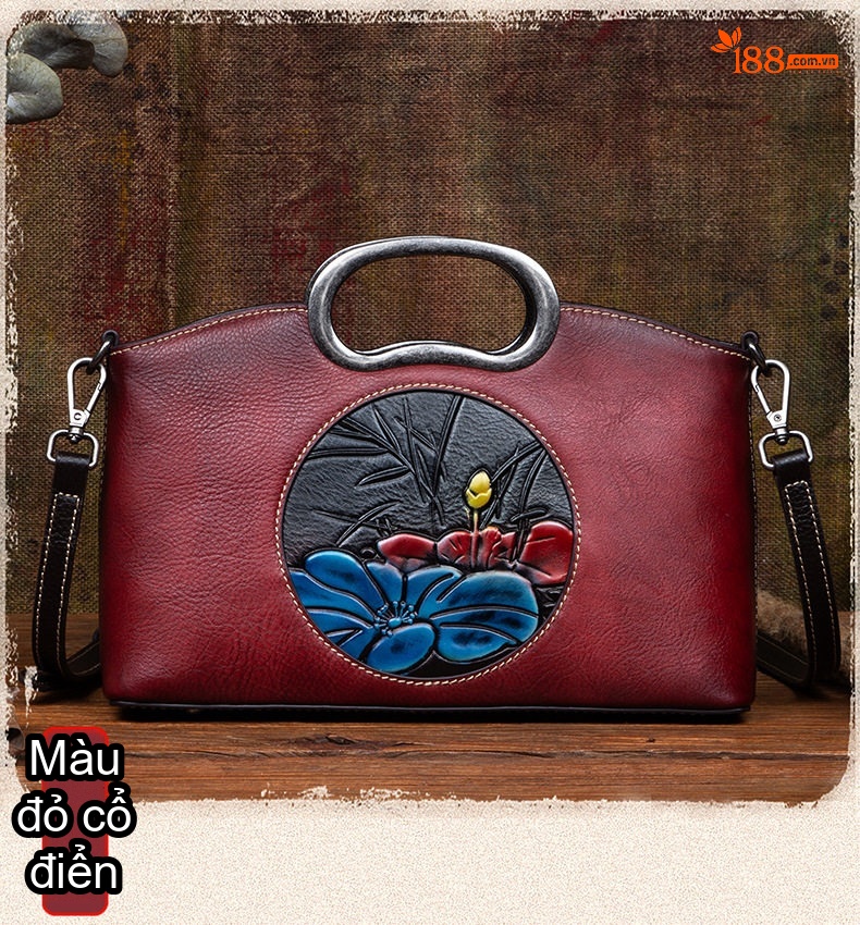 Túi Xách Tay Nữ Da Bò Khắc Họa Tiết Cổ Điển Quai Xách Kim Loại Phong Cách Vintage Màu Nâu, Đen chi tiết 5