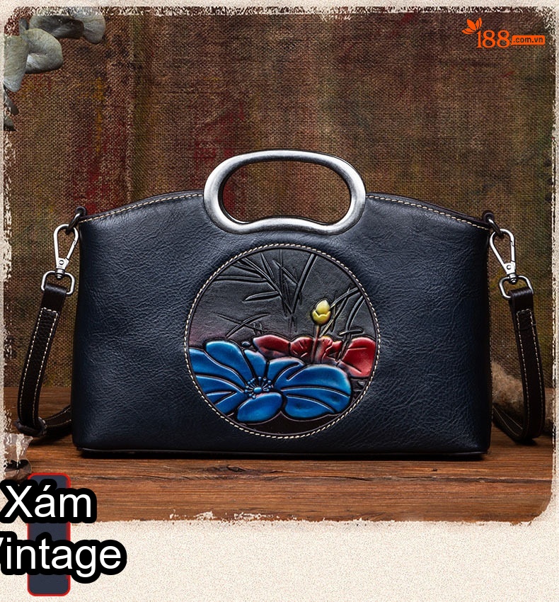 Túi Xách Tay Nữ Da Bò Khắc Họa Tiết Cổ Điển Quai Xách Kim Loại Phong Cách Vintage Màu Nâu, Đen chi tiết 6