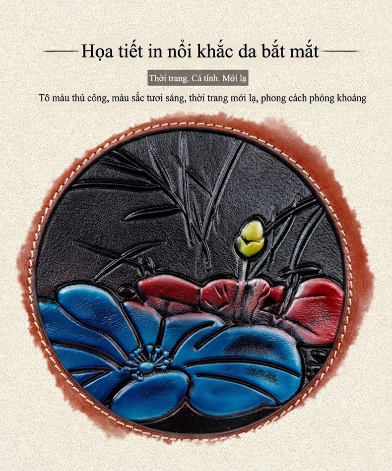 Túi Xách Tay Nữ Da Bò Khắc Họa Tiết Cổ Điển Quai Xách Kim Loại Phong Cách Vintage Màu Nâu, Đen chi tiết 2