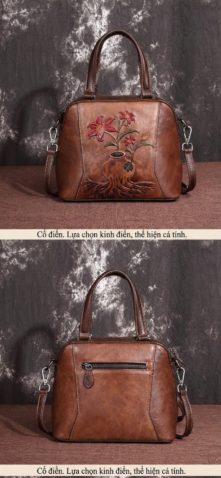 Túi Xách Tay Nữ Da Bò Khắc Hoa Văn Đeo Vai, Đeo Chéo, Ba Lô Màu Nâu, Đỏ chi tiết 4