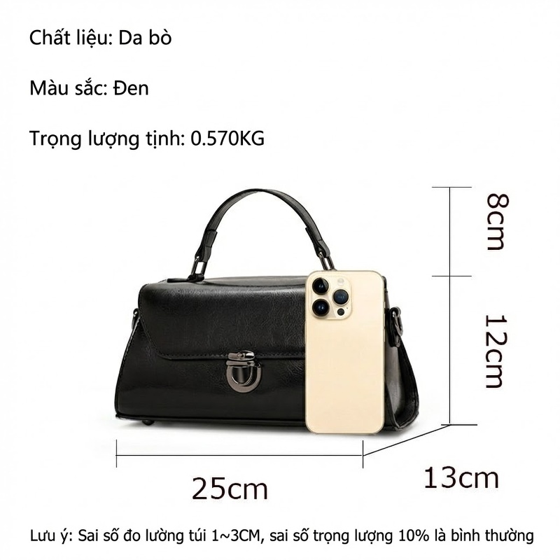 Túi Xách Tay Nữ Da Bò Kiểu Dáng Công Sở Màu Đen