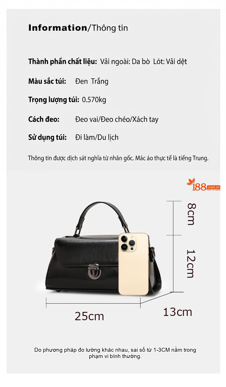 Túi Xách Tay Nữ Da Bò Kiểu Dáng Công Sở Màu Đen chi tiết 3