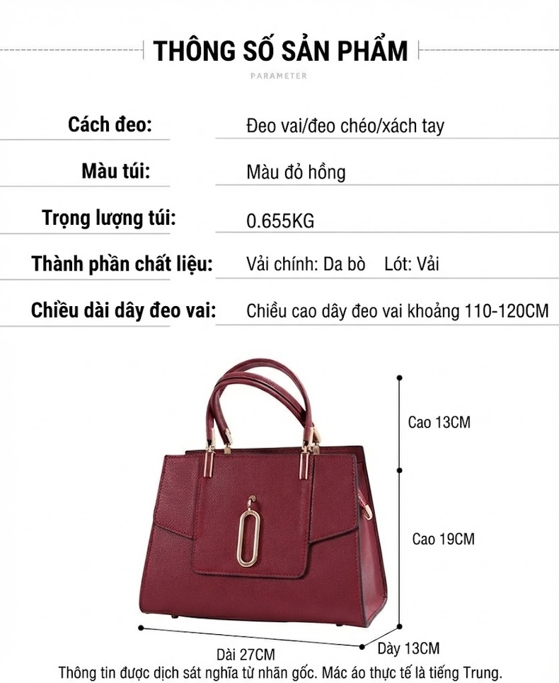 Túi Xách Tay Nữ Da Bò Kiểu Dáng Thanh Lịch, Trang Trọng Màu Đỏ Rượu Vang chi tiết 15
