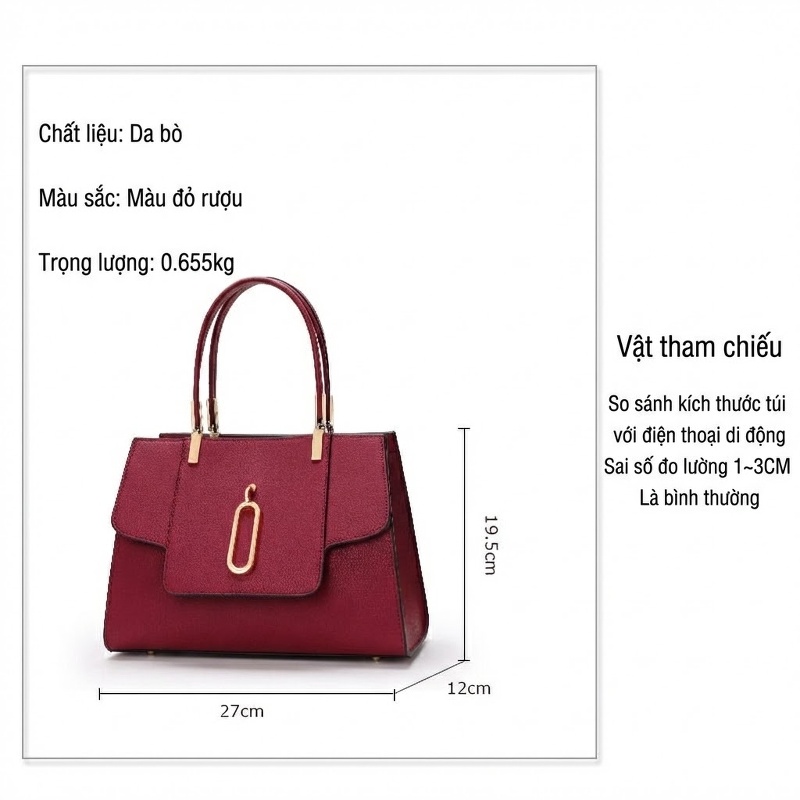 Túi Xách Tay Nữ Da Bò Kiểu Dáng Thanh Lịch, Trang Trọng Màu Đỏ Rượu Vang