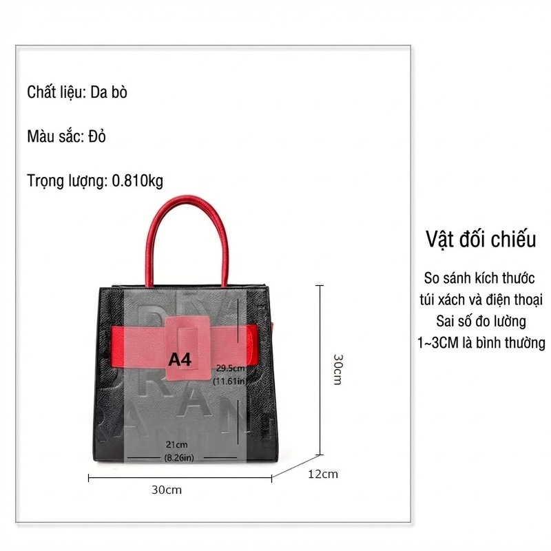 Túi Xách Tay Nữ Da Bò Lớn In Chữ Thời Trang Màu Đen, Đỏ