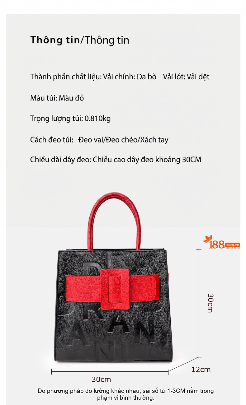 Túi Xách Tay Nữ Da Bò Lớn In Chữ Thời Trang Màu Đen, Đỏ chi tiết 4