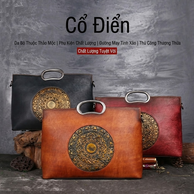 Túi Xách Tay Nữ Da Bò Lớn Phong Cách Retro Màu Đỏ, Nâu chi tiết 19