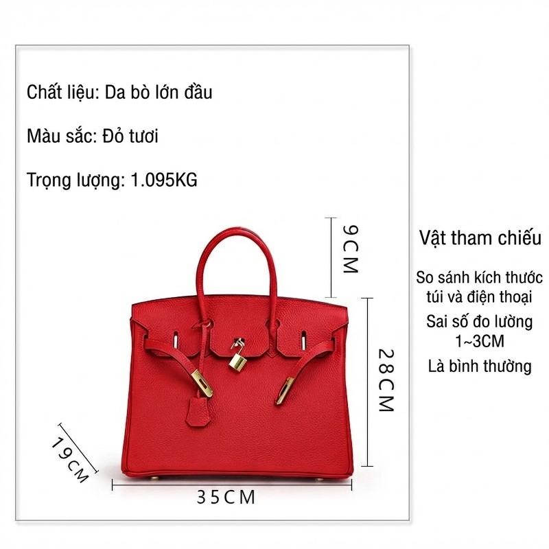 Túi Xách Tay Nữ Da Bò Lớn Vân Litchi Màu Đỏ chi tiết 11
