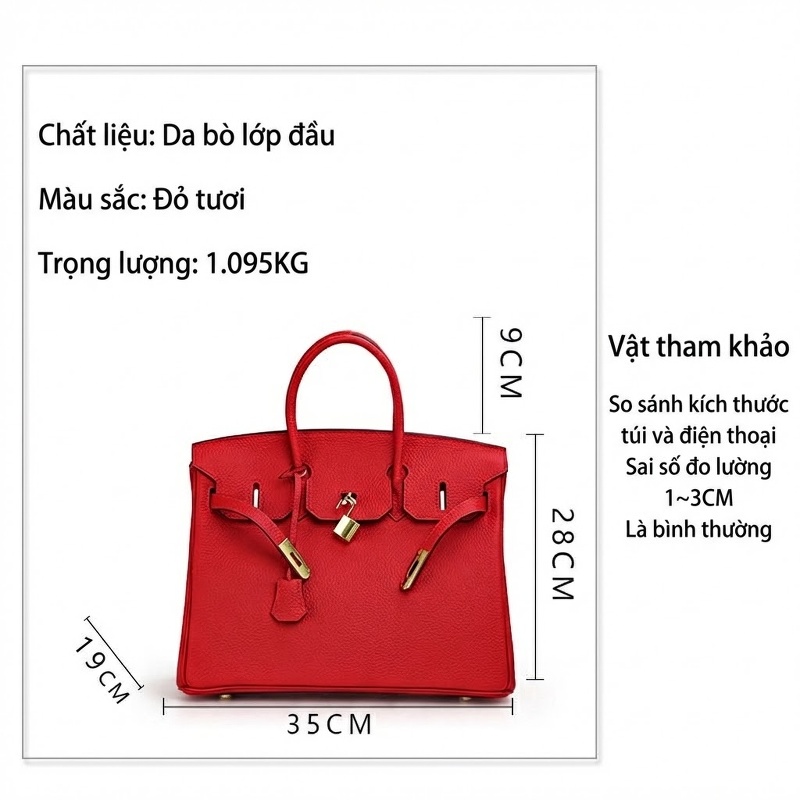 Túi Xách Tay Nữ Da Bò Lớn Vân Litchi Màu Đỏ