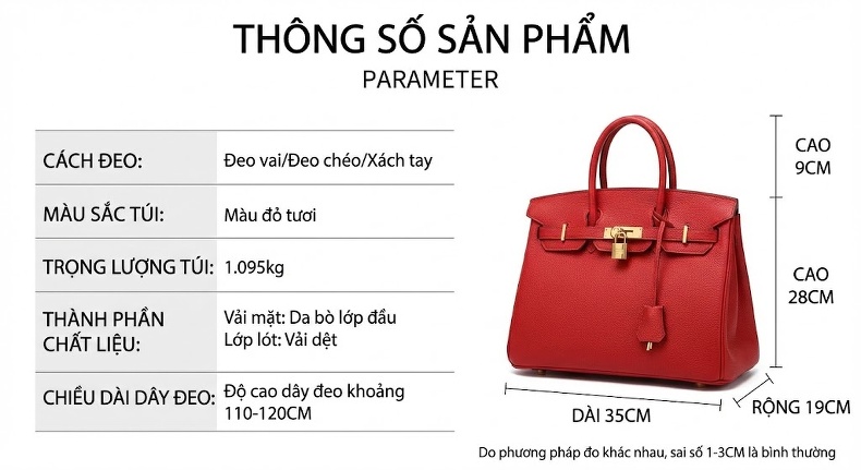 Túi Xách Tay Nữ Da Bò Lớn Vân Litchi Màu Đỏ chi tiết 5
