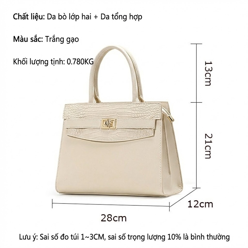 Túi Xách Tay Nữ Da Bò Lớp 2 Quai Xách Kelly Size Lớn Màu Trắng Ngà
