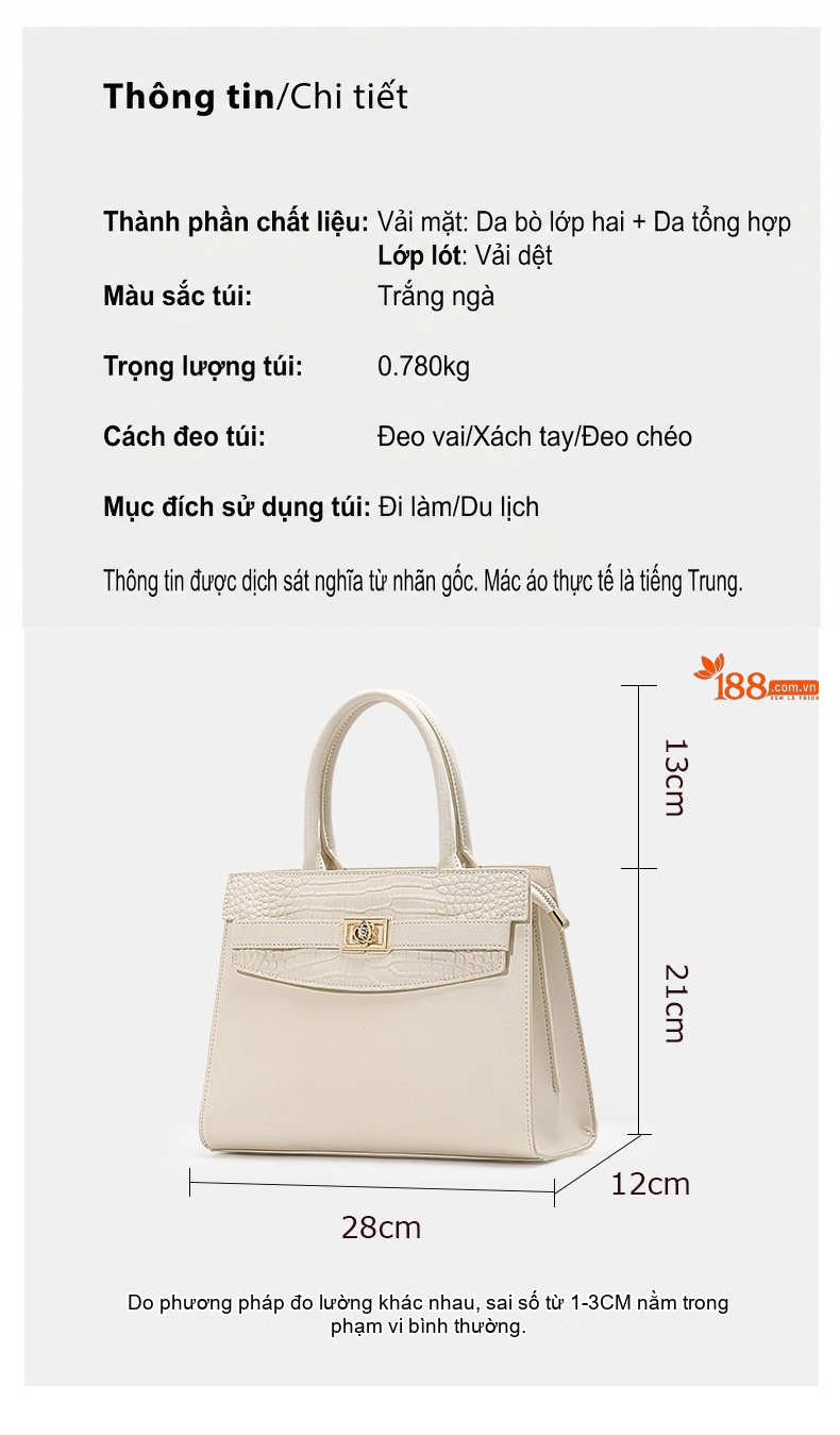 Túi Xách Tay Nữ Da Bò Lớp 2 Quai Xách Kelly Size Lớn Màu Trắng Ngà chi tiết 3