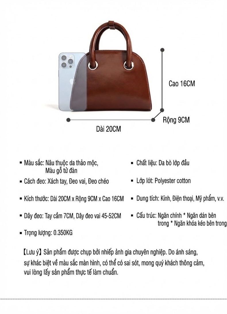 Túi Xách Tay Nữ Da Bò Màu Nâu Đậm, Nâu Vừa chi tiết 9
