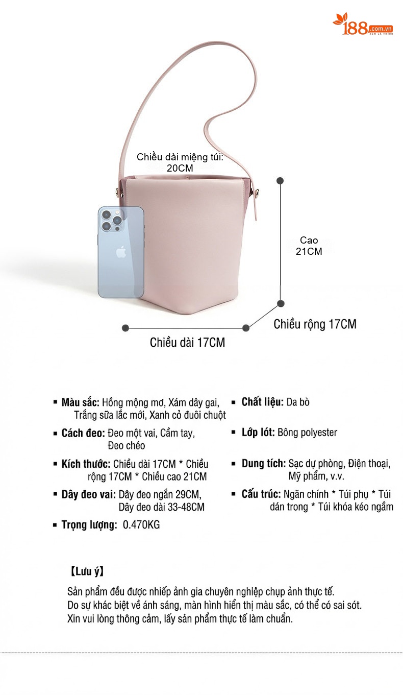 Túi Xách Tay Nữ Da Bò Mềm Mại Dáng Thùng Mini Đeo Vai Phong Cách Tối Giản Màu Hồng chi tiết 4
