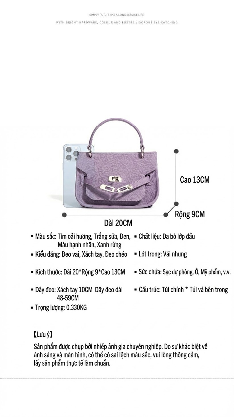 Túi Xách Tay Nữ Da Bò Mini Kelly Pháp Đeo Vai, Đeo Chéo Màu Đen, Tím, Vàng, Xanh... chi tiết 10