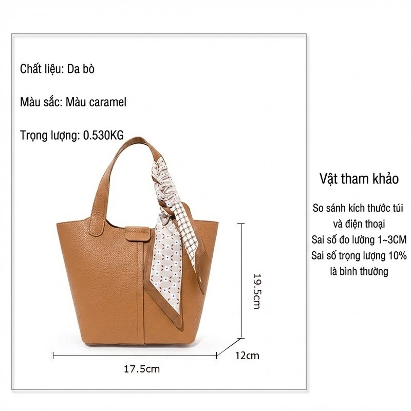 Túi Xách Tay Nữ Da Bò Mini Phom Đứng Màu Nâu Caramel
