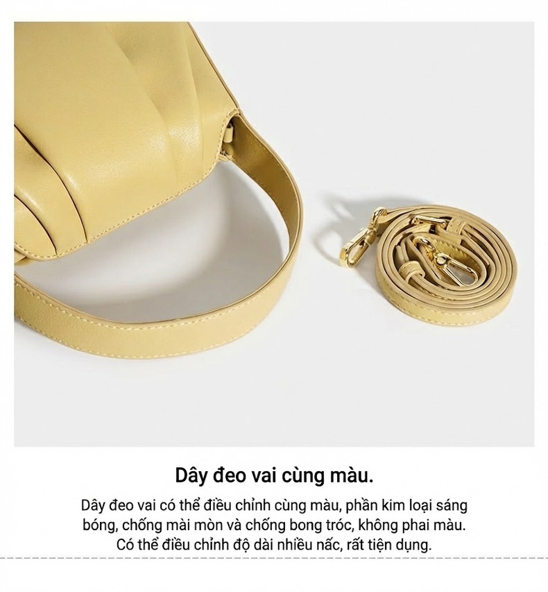 Túi Xách Tay Nữ Da Bò Mini Thiết Kế Nhún Bèo Đeo Vai, Đeo Chéo Màu Kem, Nâu chi tiết 8