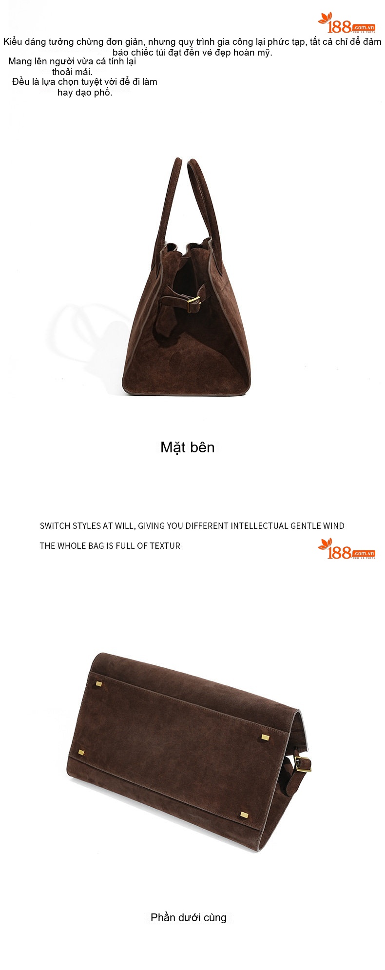 Túi Xách Tay Nữ Da Bò Mờ Sức Chứa Lớn Phong Cách Vintage Màu Nâu chi tiết 21
