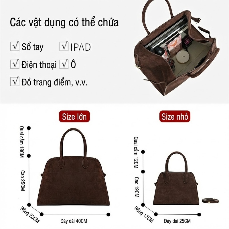 Túi Xách Tay Nữ Da Bò Mờ Sức Chứa Lớn Phong Cách Vintage Màu Nâu