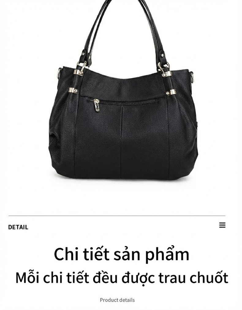 Túi Xách Tay Nữ Da Bò Nguyên Miếng Sức Chứa Lớn Đeo Vai Dành Cho Mẹ Bỉm Sữa Màu Đen chi tiết 15