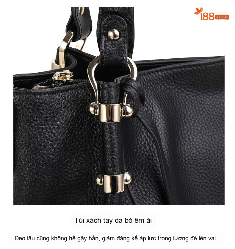 Túi Xách Tay Nữ Da Bò Nguyên Miếng Sức Chứa Lớn Đeo Vai Dành Cho Mẹ Bỉm Sữa Màu Đen chi tiết 16