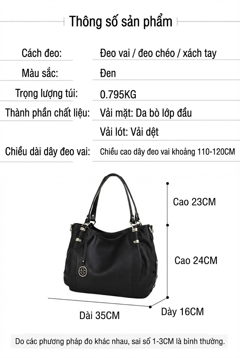 Túi Xách Tay Nữ Da Bò Nguyên Miếng Sức Chứa Lớn Đeo Vai Dành Cho Mẹ Bỉm Sữa Màu Đen chi tiết 3