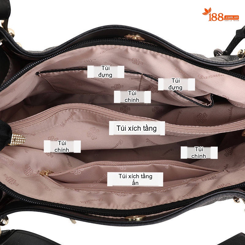 Túi Xách Tay Nữ Da Bò Nguyên Miếng Sức Chứa Lớn Đeo Vai Dành Cho Mẹ Bỉm Sữa Màu Đen