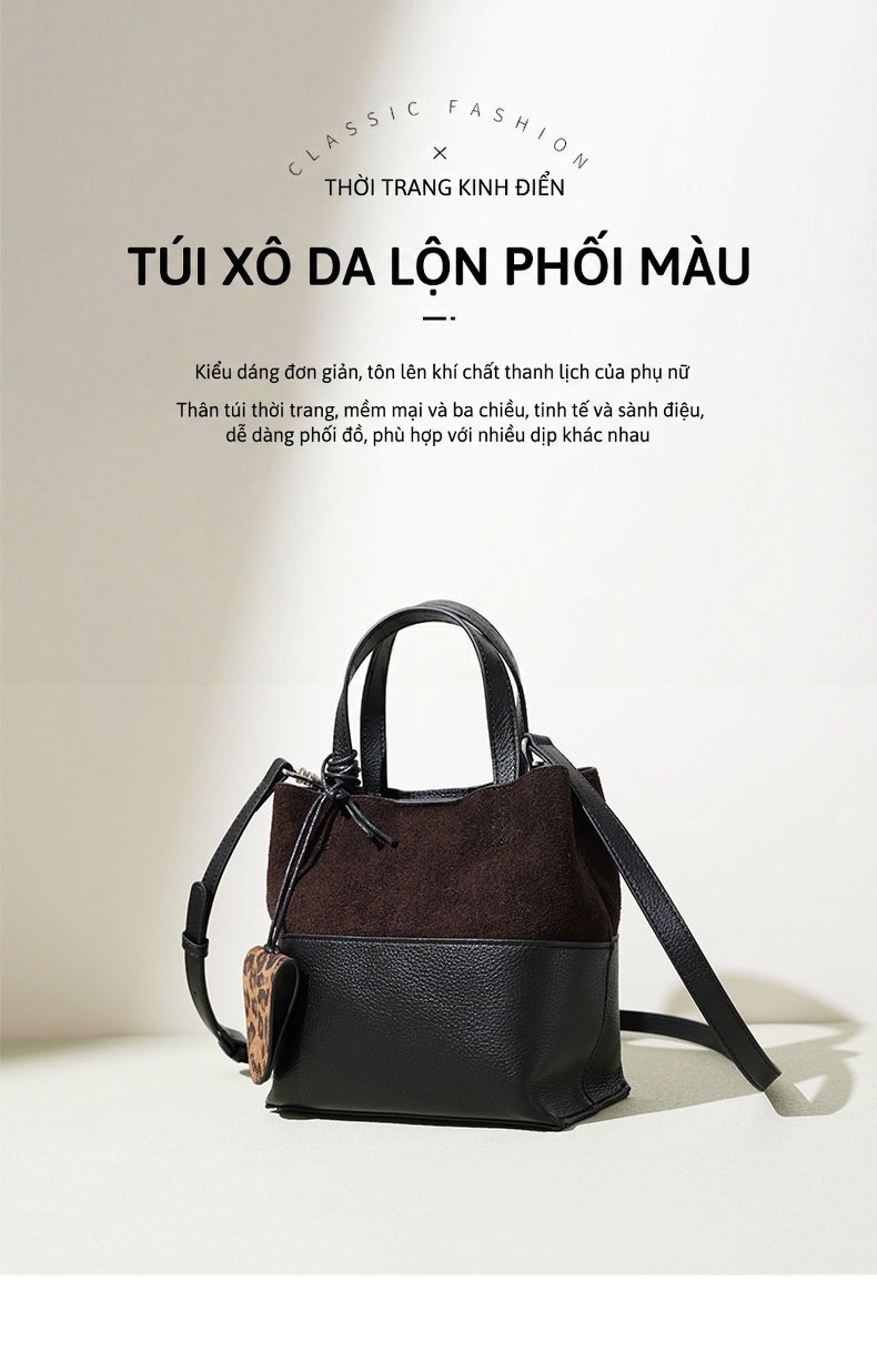 Túi Xách Tay Nữ Da Bò Phối Da Mờ Họa Tiết Da Báo Vintage Đeo Vai Đeo Chéo Màu Đen, Nâu chi tiết 1
