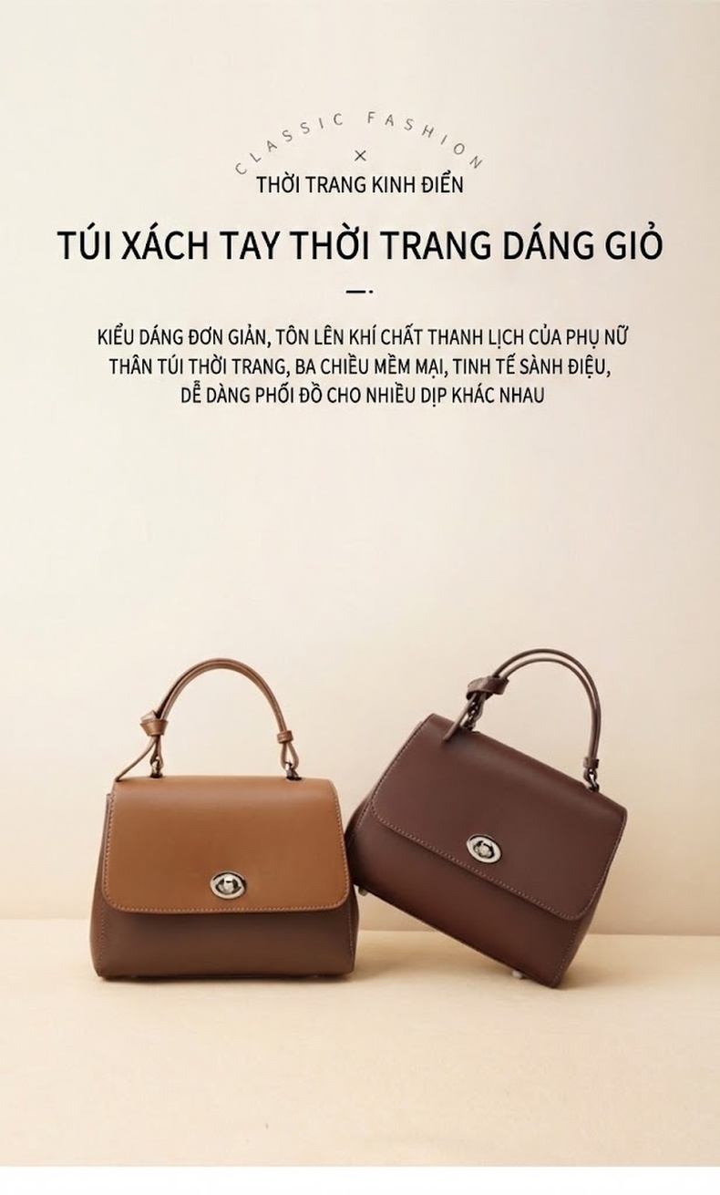 Túi Xách Tay Nữ Da Bò Phối Màu Đeo Chéo Công Sở, Túi Đeo Vai Nữ Da Thật Màu Nâu, Đen, Be, Xanh Rêu chi tiết 1