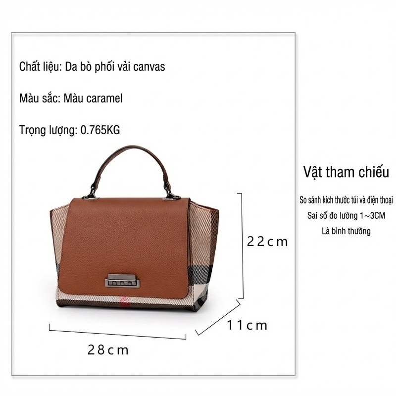 Túi Xách Tay Nữ Da Bò Phối Vải Bố Ô Vuông Lớn Màu Caramel