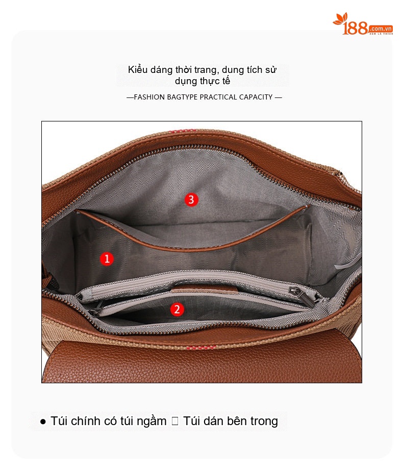 Túi Xách Tay Nữ Da Bò Phối Vải Bố Ô Vuông Lớn Màu Caramel chi tiết 6