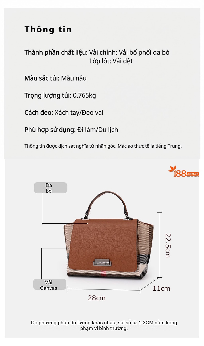 Túi Xách Tay Nữ Da Bò Phối Vải Bố Ô Vuông Lớn Màu Caramel chi tiết 4