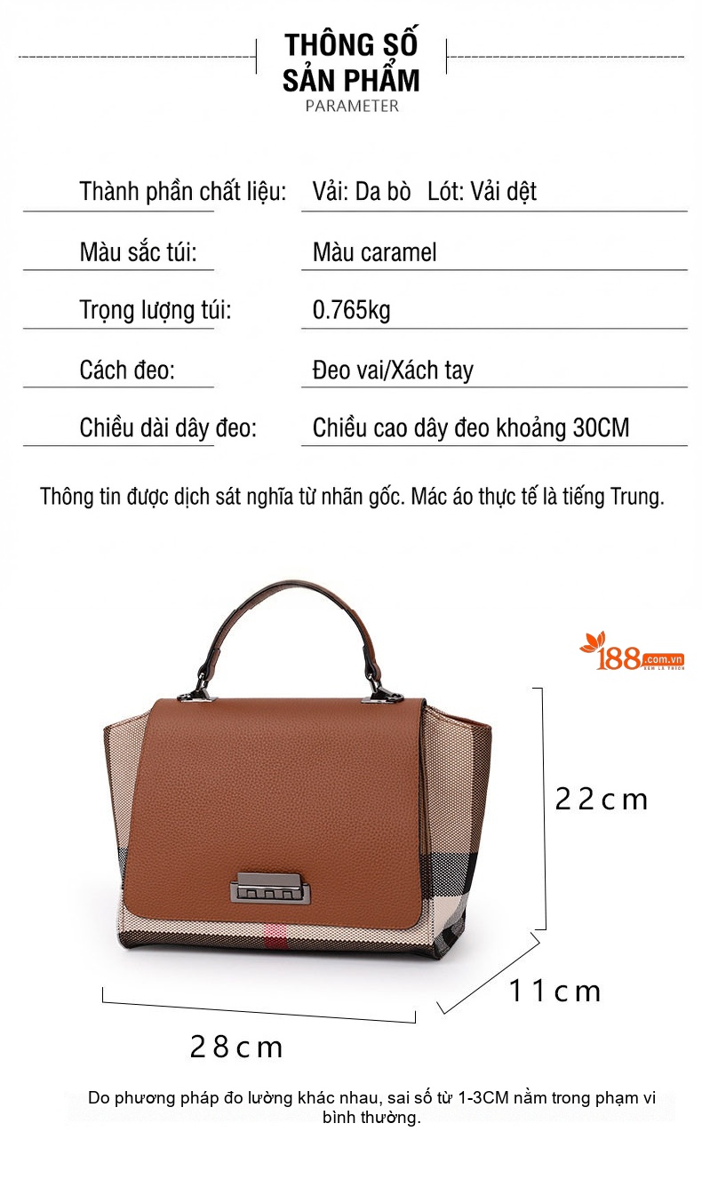 Túi Xách Tay Nữ Da Bò Phối Vải Bố Ô Vuông Lớn Màu Caramel chi tiết 17
