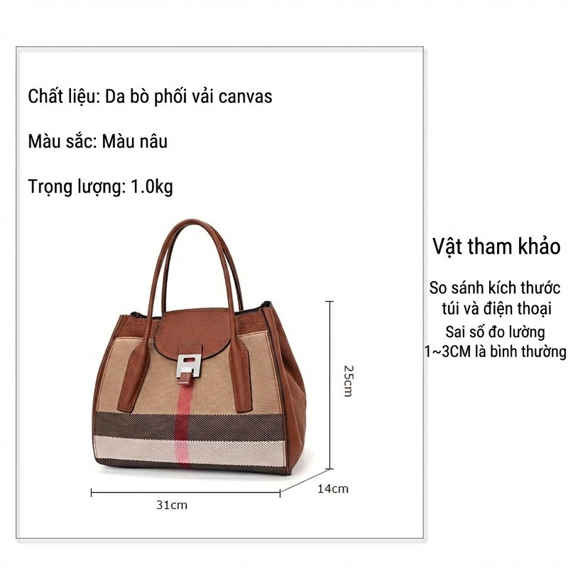 Túi Xách Tay Nữ Da Bò Phối Vải Bố Sức Chứa Lớn Phong Cách Thời Trang Âu Mỹ Màu Nâu