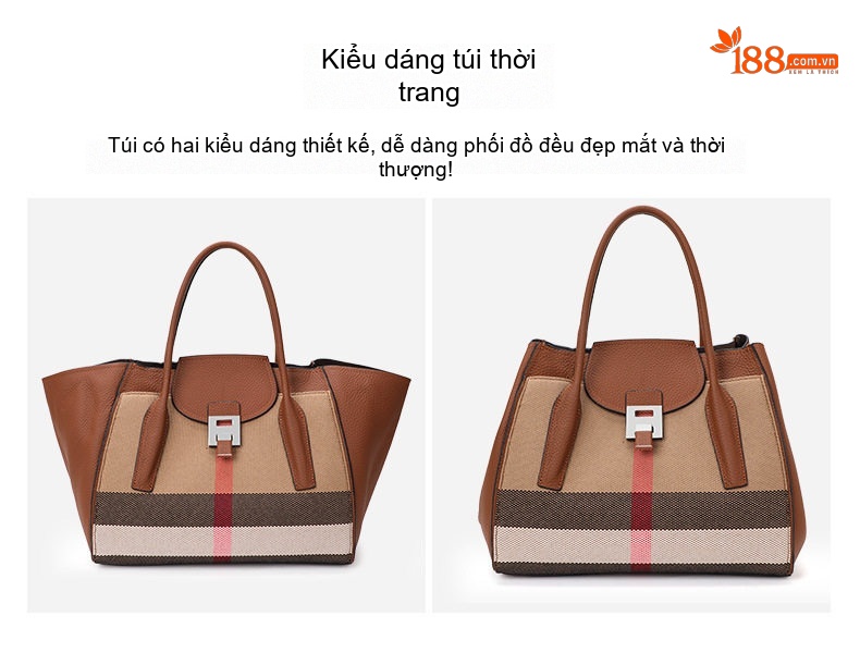 Túi Xách Tay Nữ Da Bò Phối Vải Bố Sức Chứa Lớn Phong Cách Thời Trang Âu Mỹ Màu Nâu chi tiết 7