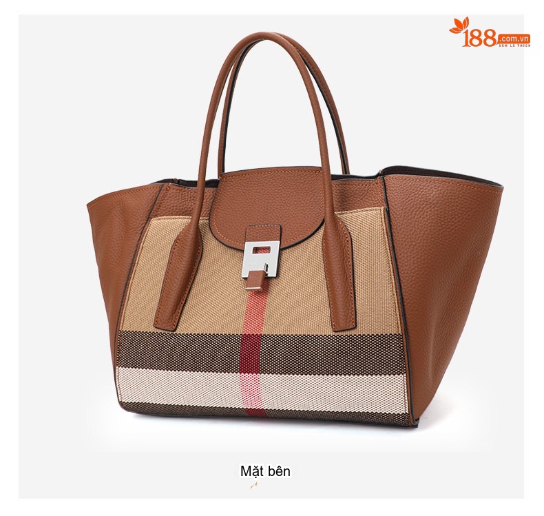 Túi Xách Tay Nữ Da Bò Phối Vải Bố Sức Chứa Lớn Phong Cách Thời Trang Âu Mỹ Màu Nâu chi tiết 12