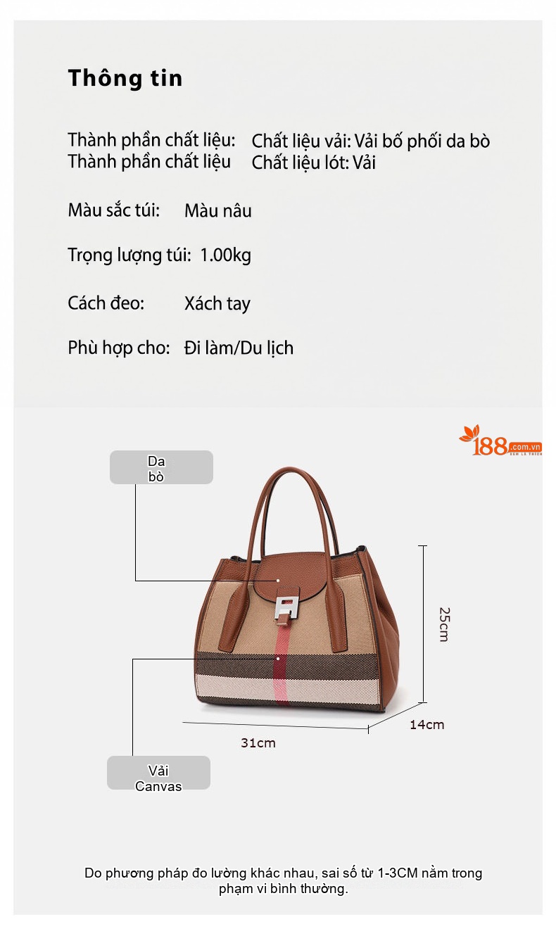 Túi Xách Tay Nữ Da Bò Phối Vải Bố Sức Chứa Lớn Phong Cách Thời Trang Âu Mỹ Màu Nâu chi tiết 4