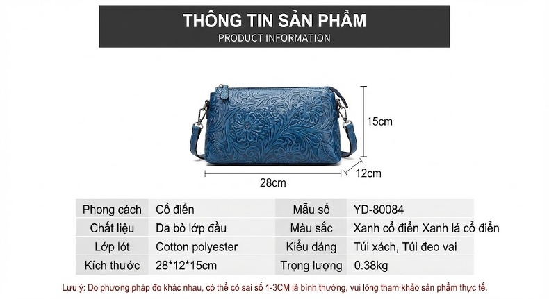 Túi Xách Tay Nữ Da Bò Phong Cách Dân Tộc Dung Tích Lớn Đeo Vai, Đeo Chéo Màu Xanh, Đen chi tiết 3