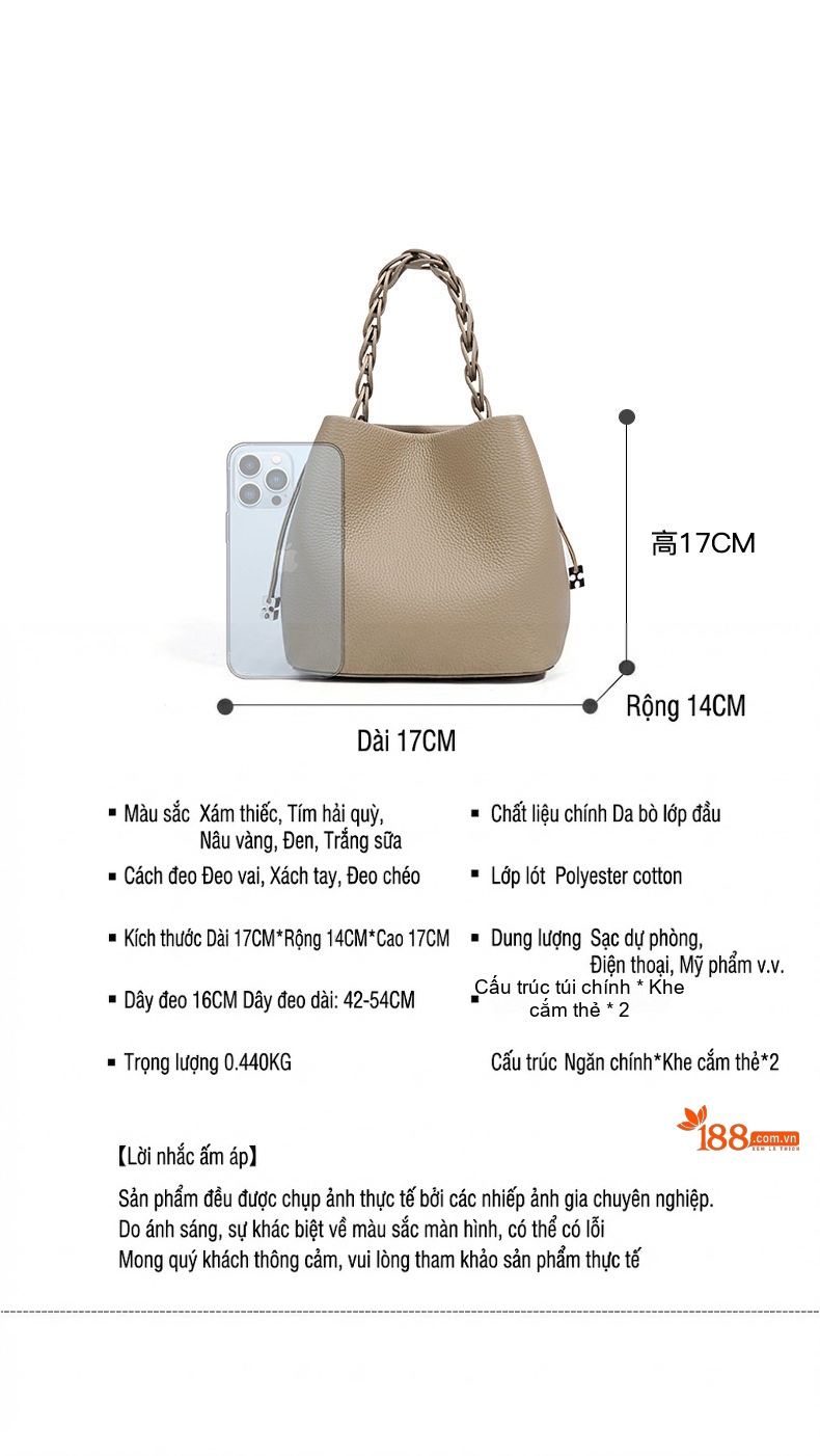 Túi Xách Tay Nữ Da Bò Quai Xách Bện Dáng Bucket Đeo Chéo Màu Xám, Tím, Xanh, Nâu chi tiết 6