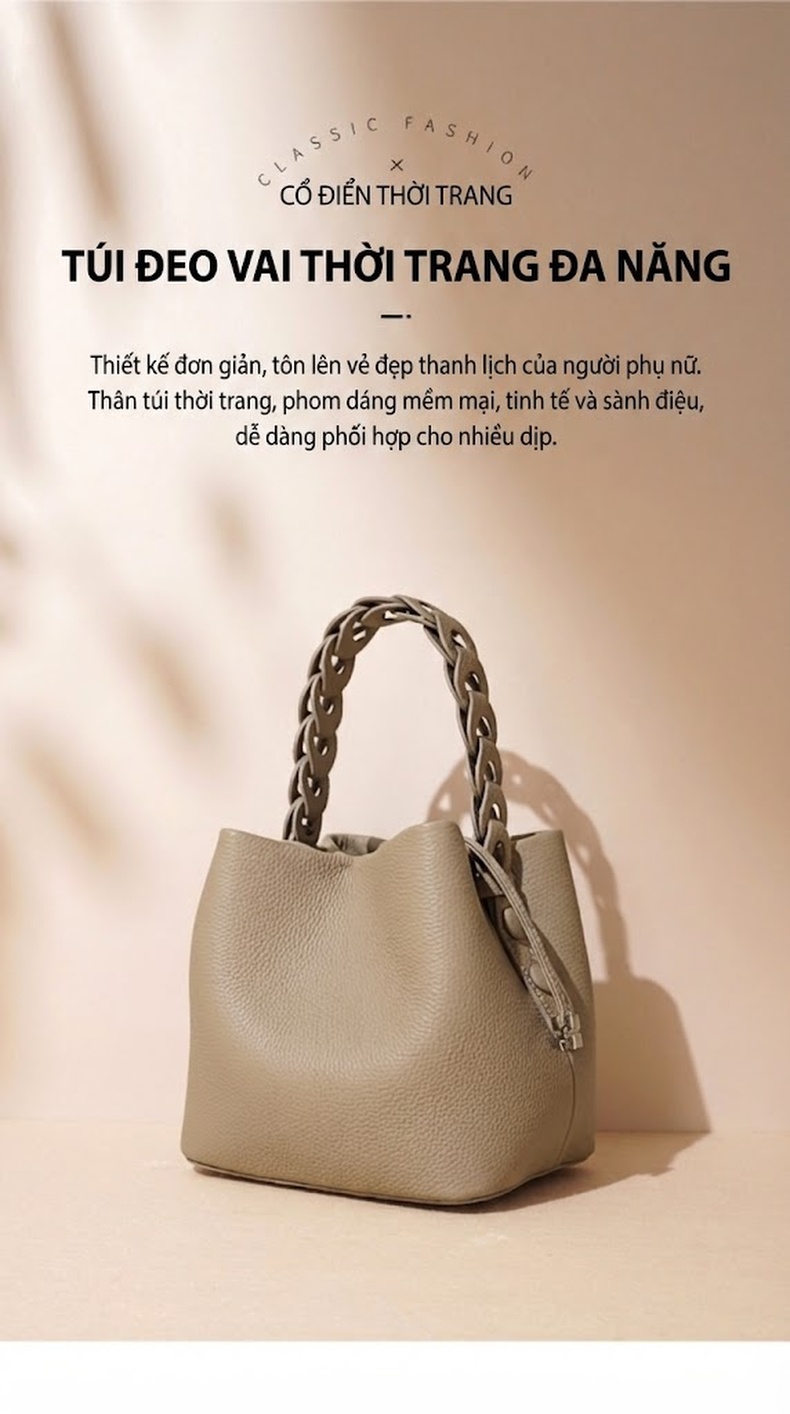 Túi Xách Tay Nữ Da Bò Quai Xách Bện Dáng Bucket Đeo Chéo Màu Xám, Tím, Xanh, Nâu chi tiết 1