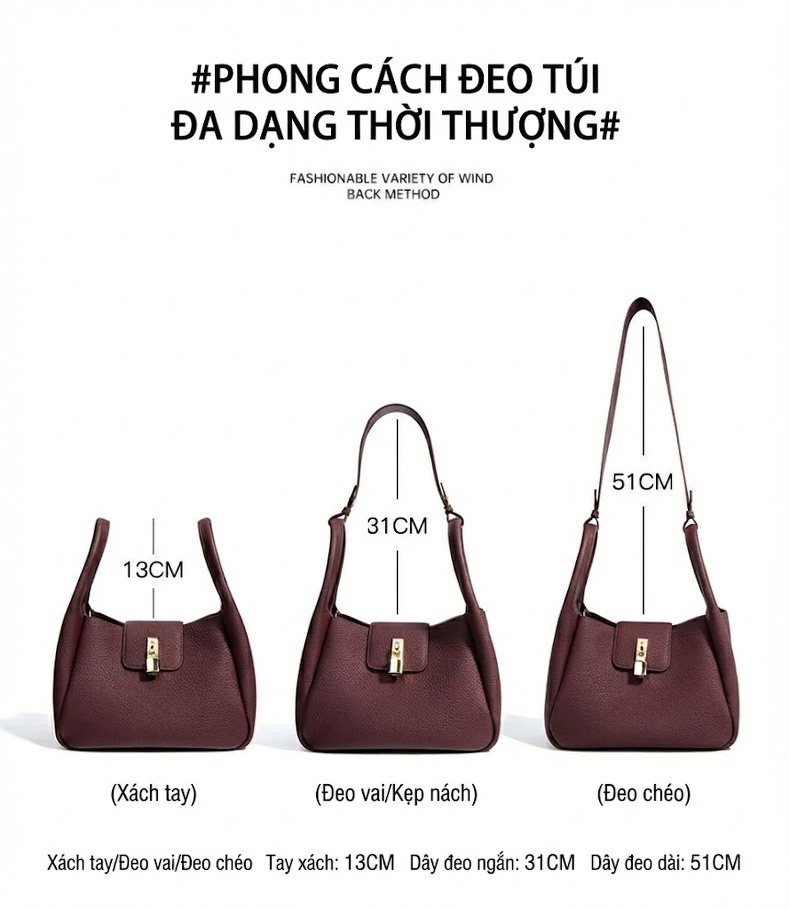 Túi Xách Tay Nữ Da Bò Quai Xách Đeo Vai Màu Đỏ Rượu Vang, Đen, Kem chi tiết 9