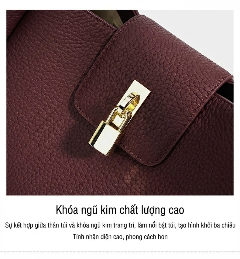 Túi Xách Tay Nữ Da Bò Quai Xách Đeo Vai Màu Đỏ Rượu Vang, Đen, Kem chi tiết 12