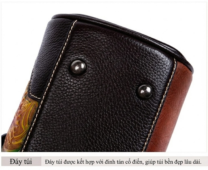 Túi Xách Tay Nữ Da Bò Quốc Phong Khắc Hoa Văn Vintage Đeo Vai, Đeo Chéo Màu Đen, Nâu Đỏ chi tiết 17