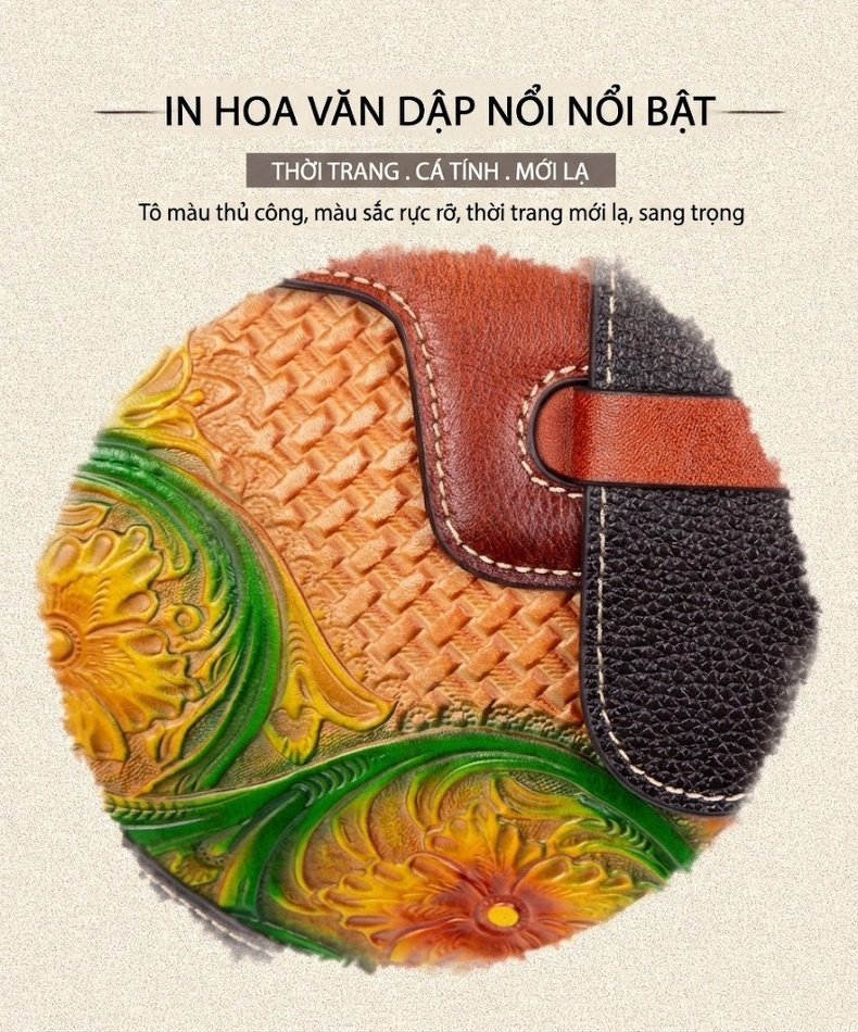 Túi Xách Tay Nữ Da Bò Quốc Phong Khắc Hoa Văn Vintage Đeo Vai, Đeo Chéo Màu Đen, Nâu Đỏ chi tiết 2