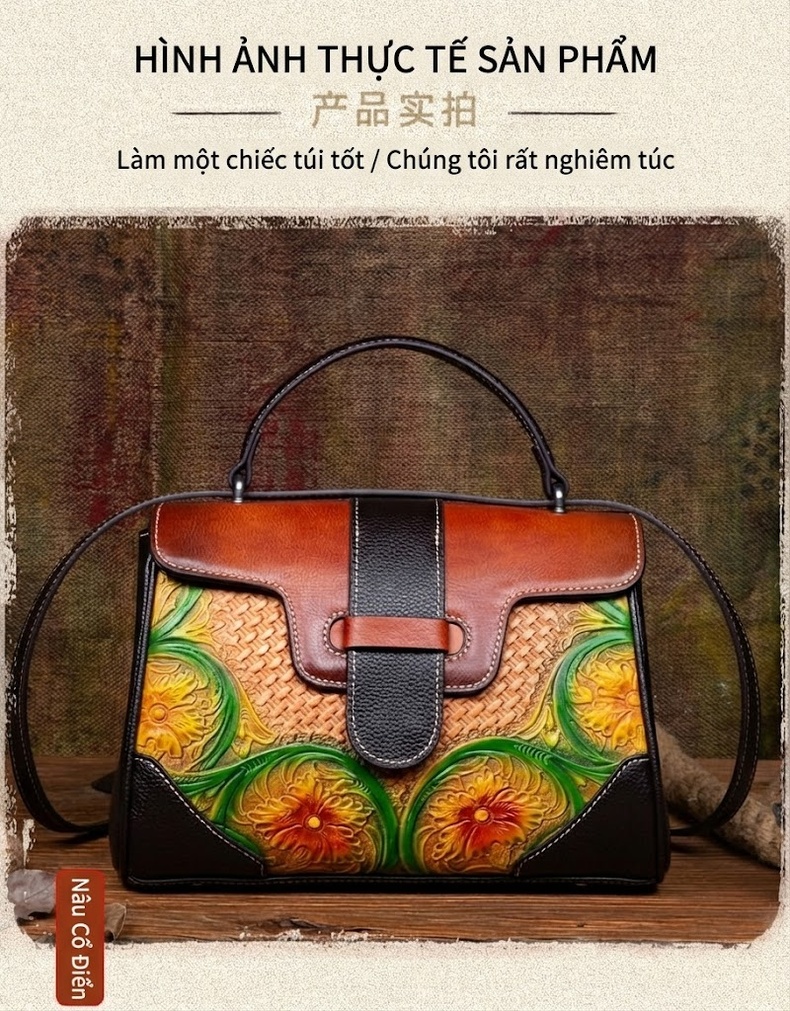 Túi Xách Tay Nữ Da Bò Quốc Phong Khắc Hoa Văn Vintage Đeo Vai, Đeo Chéo Màu Đen, Nâu Đỏ chi tiết 4