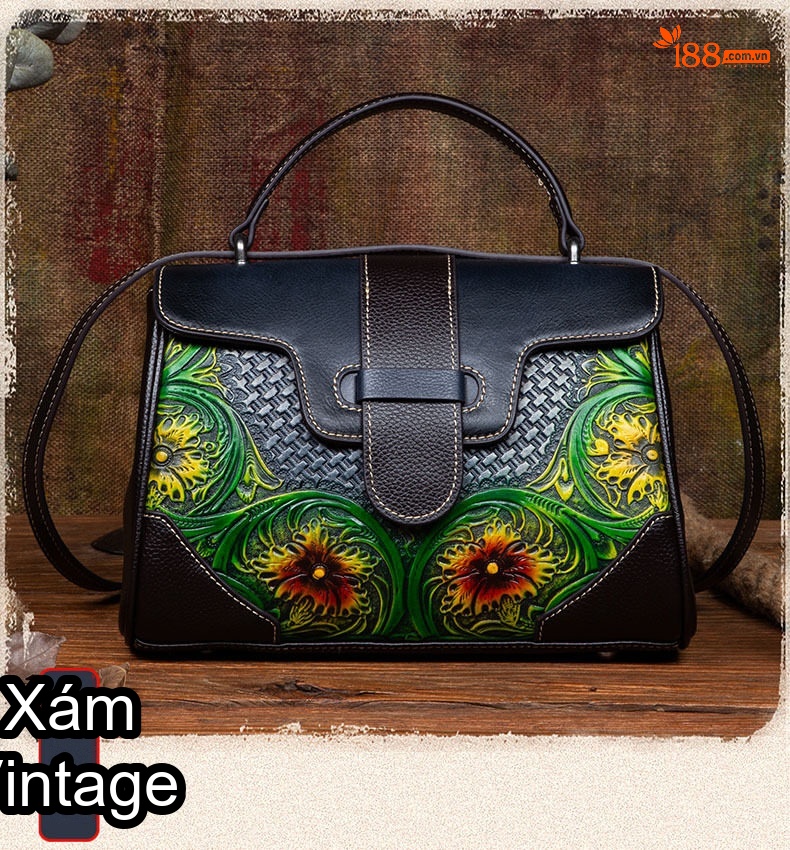 Túi Xách Tay Nữ Da Bò Quốc Phong Khắc Hoa Văn Vintage Đeo Vai, Đeo Chéo Màu Đen, Nâu Đỏ chi tiết 6