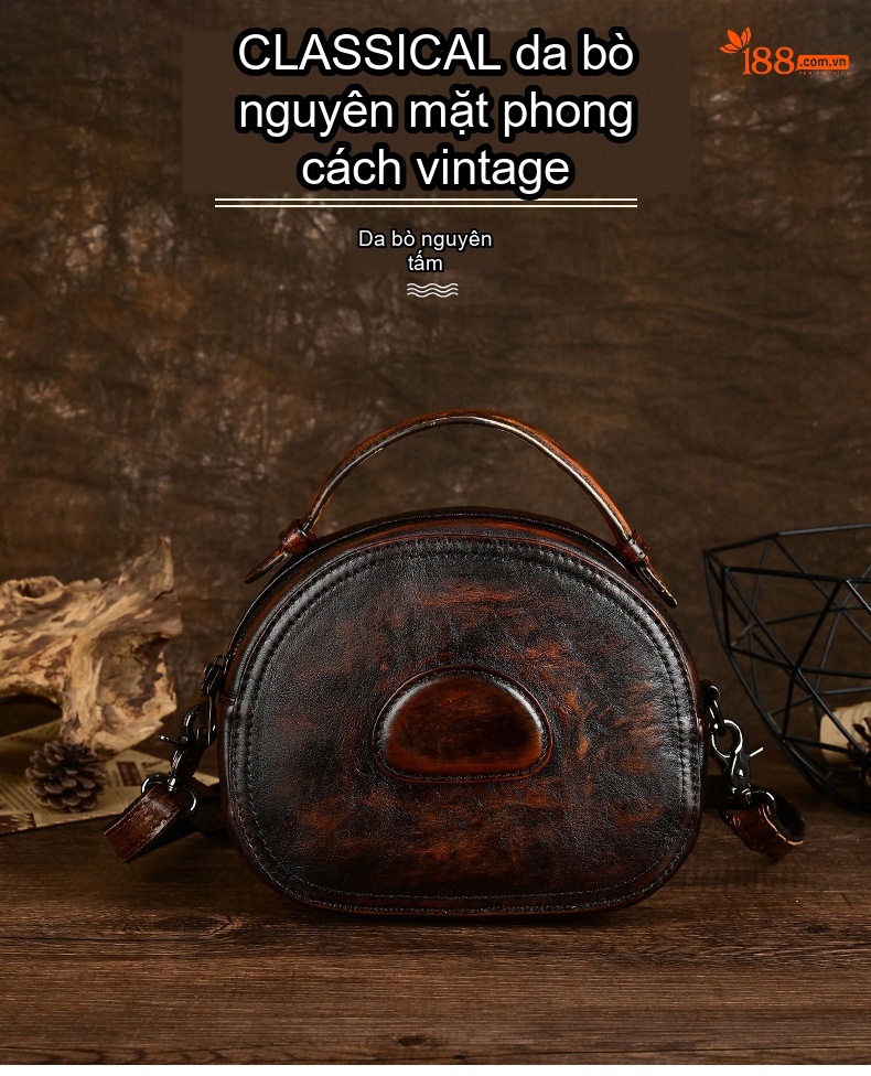 Túi Xách Tay Nữ Da Bò Retro Đeo Vai, Đeo Chéo Màu Nâu Đậm chi tiết 1