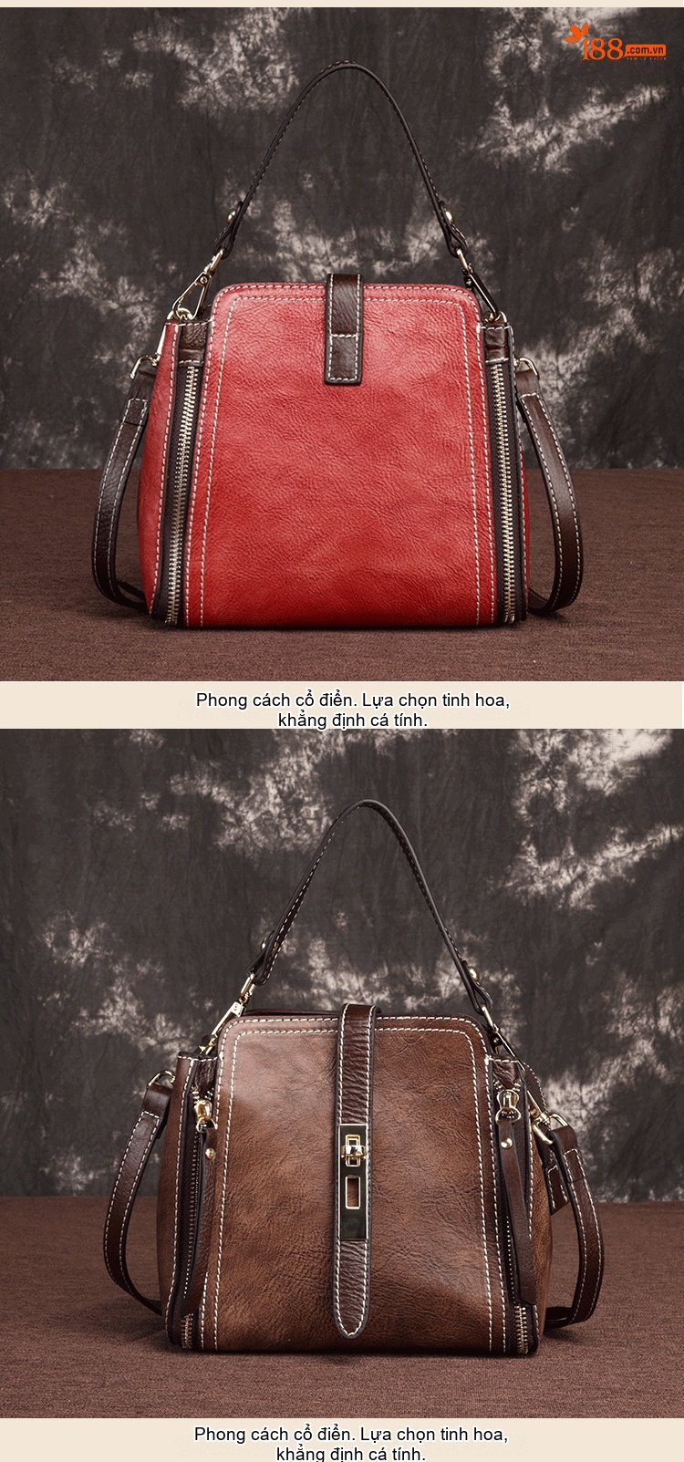 Túi Xách Tay Nữ Da Bò Retro Vintage Châu Âu, Mỹ Đeo Vai, Đeo Chéo Màu Nâu, Đen chi tiết 3