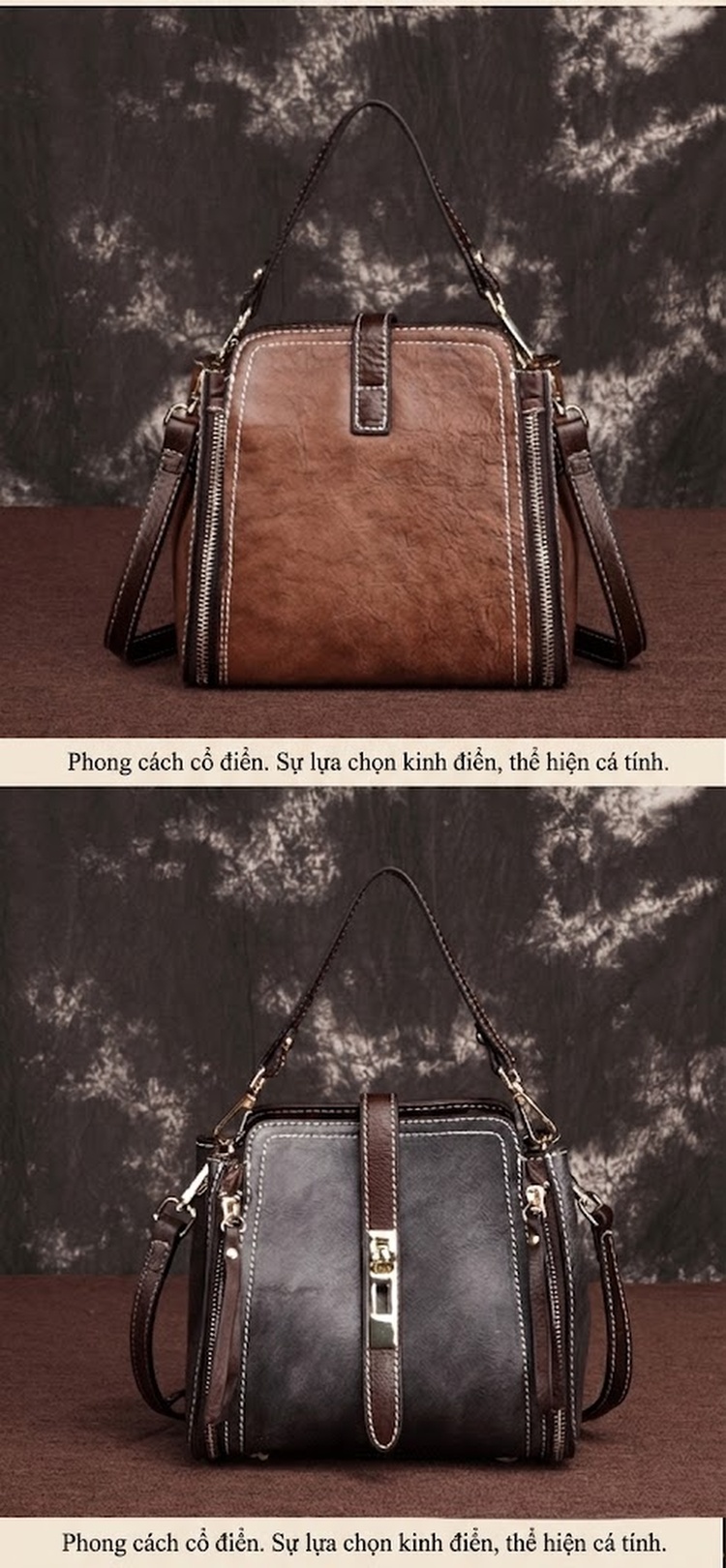 Túi Xách Tay Nữ Da Bò Retro Vintage Châu Âu, Mỹ Đeo Vai, Đeo Chéo Màu Nâu, Đen chi tiết 4