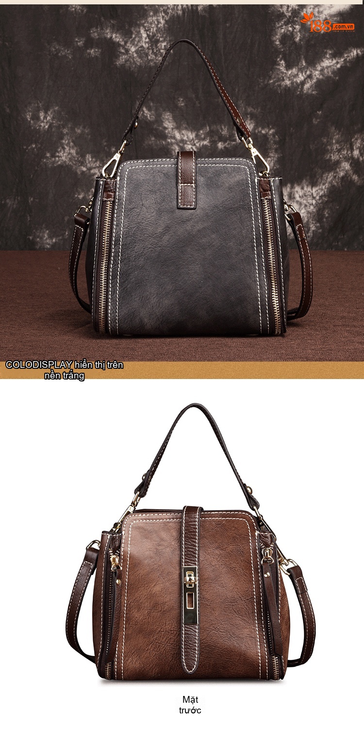 Túi Xách Tay Nữ Da Bò Retro Vintage Châu Âu, Mỹ Đeo Vai, Đeo Chéo Màu Nâu, Đen chi tiết 5
